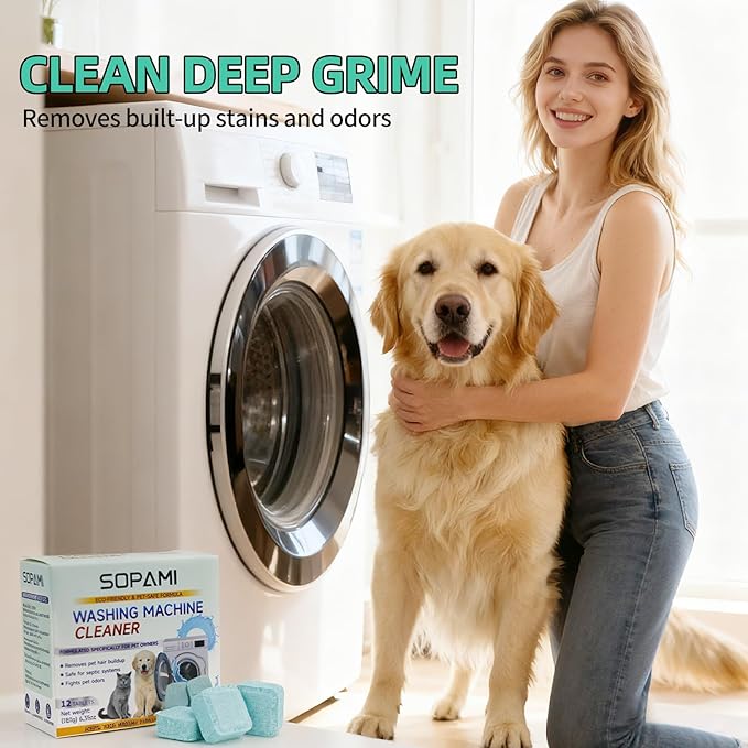 SOPAMI Washing Machine Cleaner Tablets 12 Pack, Deep Clean HE Front Load Top Load Washer, Remove Stubborn Pet Hair Odors, Septic Safe Pet Owner Solution