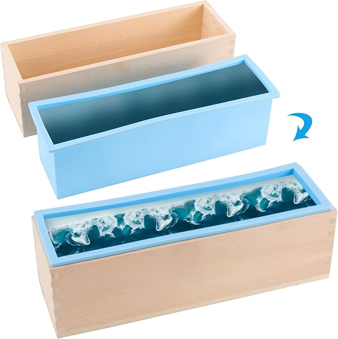 3 Set 45 Oz Blue Silicone Soap Molds Loaf, Flexible Rectangular Soap Making Molds with Wood Box Wooden Covers, Soap Molds for Soap Making