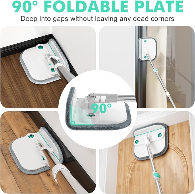 Upgraded Spin Mop and Bucket System Set, Self Separate Clean and Dirty Water, Foldable Square Standing Mop Head with Microfiber Mop Pads, Detachable Bucket (White+Blue, Mop Set with 6PC Pads)