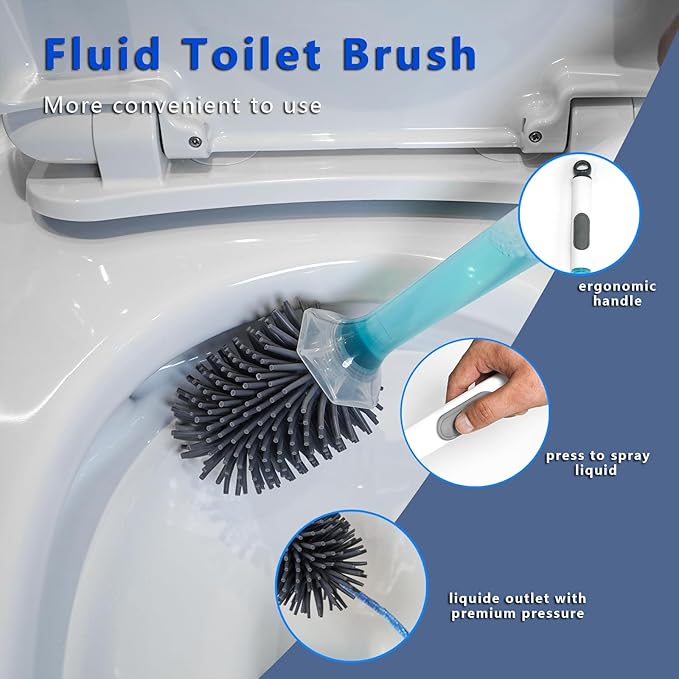 BERGFBV Silicone Toilet Brush and Holder Set, 2 Packs Bendable Toilet Scrubber for Curved Rim, Non-Scratch Drip-Resistant Brush with Sprayer, Space Saving Bathroom Essentials (2)