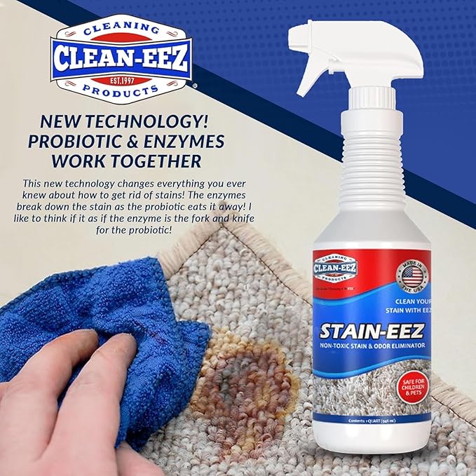 Clean-eez Stain-eez Carpet Cleaner Spray - Probiotic & Enzyme Power for Stain & Odor Elimination (Stain-Eez With 2 Microfiber Cloths)