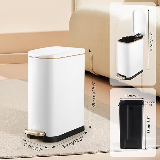 ELPHECO Bathroom Trash Can with Lid Soft Close, 3.5 Gallon / 13.5 Litre Stainless Steel Pedel Garbage Can with Removable Inner Bucket, Wastebasket for Bathroom, Office, Bedroom, Matte White