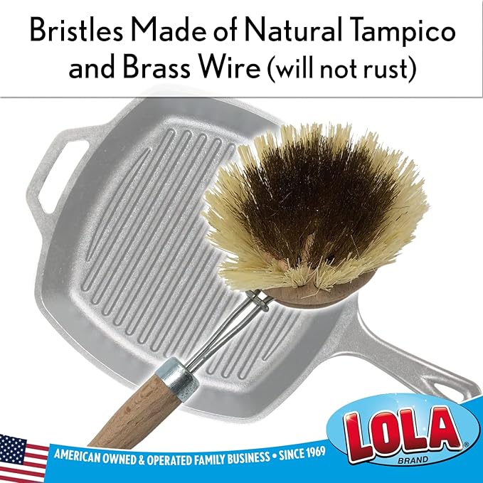 LOLA Replacement Heads for The Original Pot & Pan Brush, 3 Pack, Brass Wire & Tampico Bristles, Birch Hardwood, Heavy Duty Cleaning