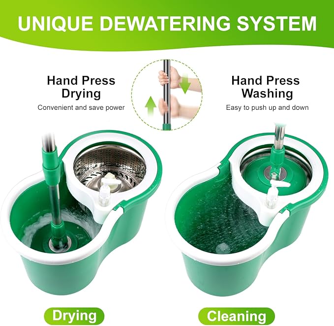 Spin Mop and Bucket with Wringer Set, 360°Spin Mop & Bucket Floor Cleaning System Mop Bucket with Adjustable Extended Handle 3 Microfiber Replacement Head Refills, Green