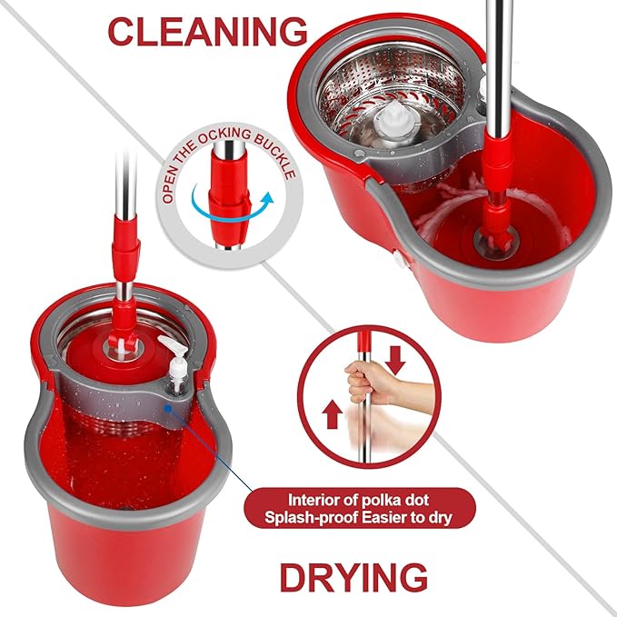 Mop Buckets Set for Floor Cleaning 360° Spin Wringer Separate Dirty Water with 3 Replaceable Microfiber Mop Head Wet and Dry Suitable for Office and Home use