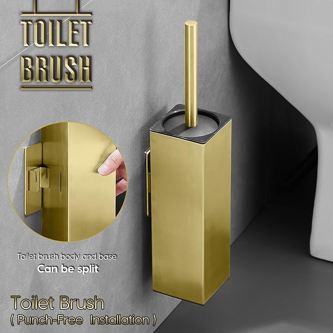Brushed Gold Stainless Steel Toilet Brush, Square No-Punch Hook Base Toilet Brush Holder Removable Inner Bucket and Splash Proof Cover - Soft Bristles (Non-Drill Square Plastic caps Gold)