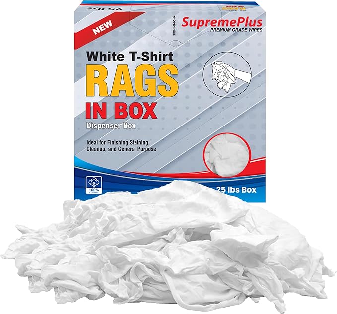SupremePlus Premium White T-Shirt Cleaning Rags (25 lbs. Compressed Box of Rags) – White Cotton Cloths for Cleaning, Staining, Painting, Oil, Grease & Dust Removal