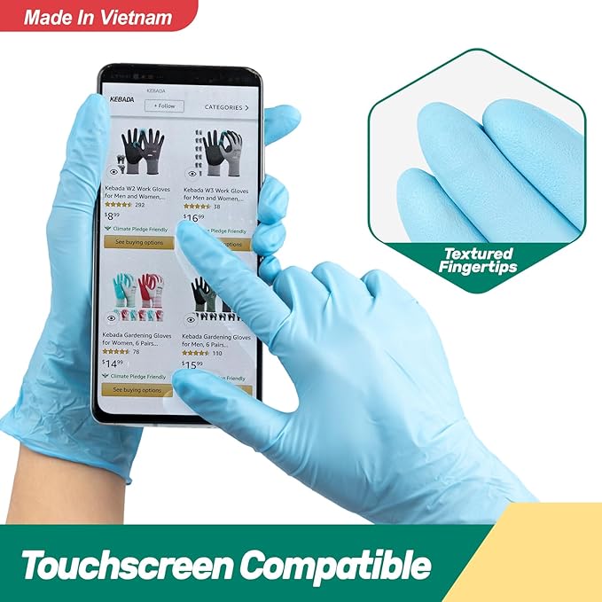 Kebada Nitrile Gloves D1, Nitrile Disposable Gloves for Cleaning, Food Prep, Industrial Grade, Non-Sterile, Food Safe, Powder, Latex Free, Touchscreen, Blue, 100 Count, X-Large (Made in Vietnam)