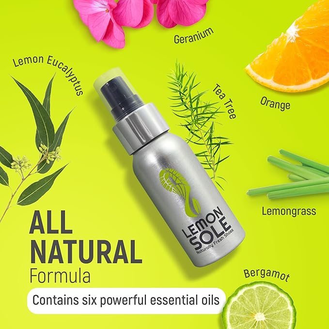 NATURAL SHOE FRESHENER & DEODORISER, Freshening Shoe Spray with 6 Powerful Essential Oils for Long-Term Odour Control, Designed for Sports, Fresh Lemon Scent.