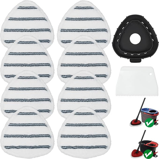 Triangule Flat Mop Replacement Pads, Spin Mop Pad Replacement, 8 Pack Mop Refill Pads, 1 Mop Base and 1 Scraper for Cleaning Floor, Wall, Ceiling, Easy to Replace