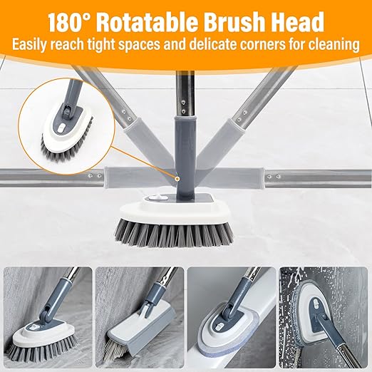 Sayene 4 in 1 Tile Shower Cleaner Brush, Long Handled Scrub Brush for Shower with Adjustable Long Handle Floor Scrub Brush for Cleaning Bathroom/Shower/Tub/Tile/Kitchen/Glass/Wall