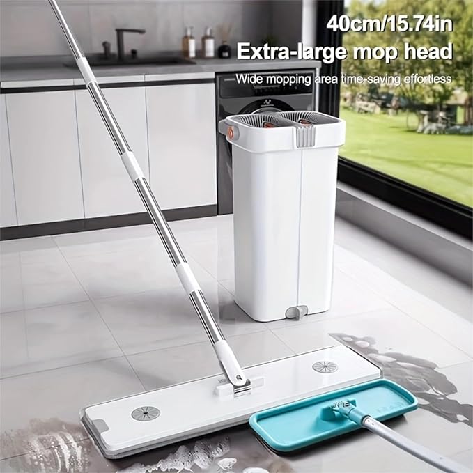 CTIME Large Mop and Bucket Set, 7-Layer Scrapers, Flat Mop and Bucket System, Wall Mop with Adjustable Handle, 7 Washable 15.74" Microfiber Pads
