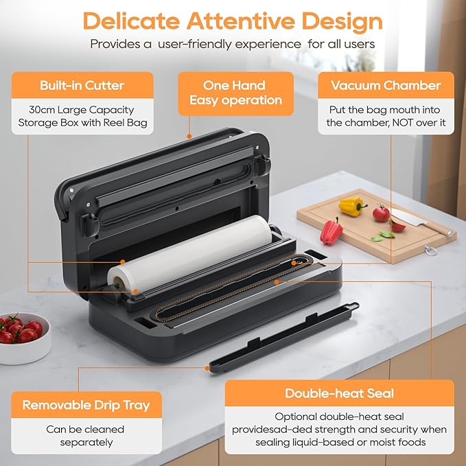Vacuum Sealer Machine, 90Kpa Food Vacuum Sealer Machine Preservation Dry/Moist/Liquid Modes, LED Indicator Light, Handle Locked Design, Built-in Cutter and Bag Storage, Starter Kit