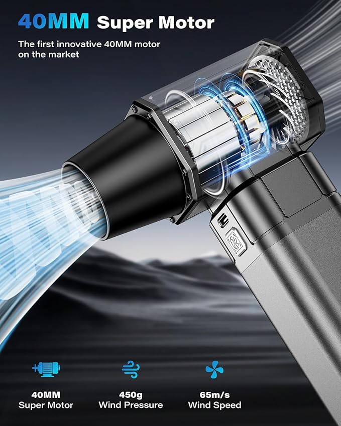 OQTIQ Electric Air Duster-Upgrade 40mm Big Motor, Compressed Air Duster with 450g Wind Pressure, 4-Gear Adjustable Cordless Air Blower for Computer, Keyboard, Car, Home Clean and Outdoor