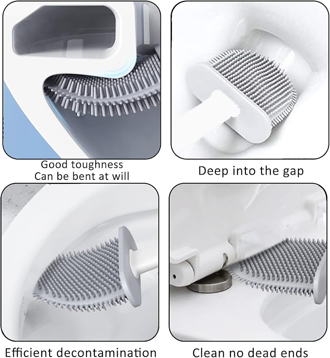 Toilet Brush, Silicone Toilet Bowl Brushes and Holder for Bathroom, Compact Flexible Toilet Cleaner Brush with Ventilated Drying Holder, Wall Mounted/Floor Standing