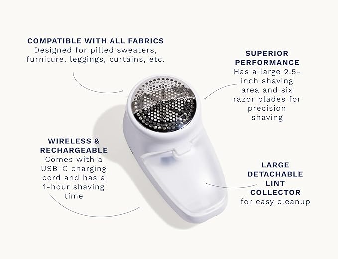 Nori Trim Fabric Shaver - Lint Remover for Clothes & Furniture Couch Pilling - Sweater Pill Remover - Clothes Shaver with 6 Precision Blades - Wireless and Rechargeable - White