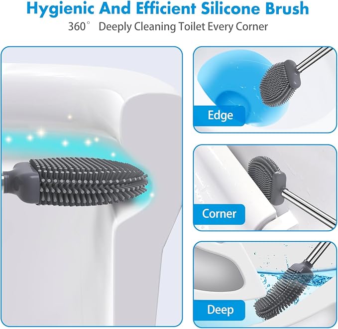 Toilet Brush, 2 Pack Silicone Toilet Brush and Holder, Flexible Toilet Bowl Brush Head with Ventilated Holder, Wall Mounted Compact Toilet Scrubber Set for Bathroom Cleaning (White)