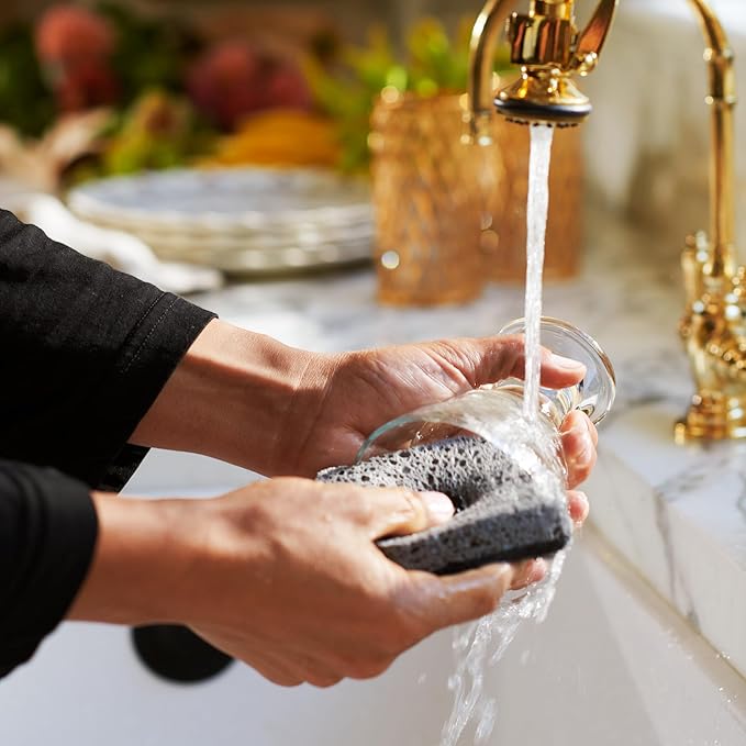 Ionic Non-Scratch Kitchen Sponge with Magnetized Holder, Dual Sided Cellulose and Scrub Pad, 3 Pack, Black/Grey