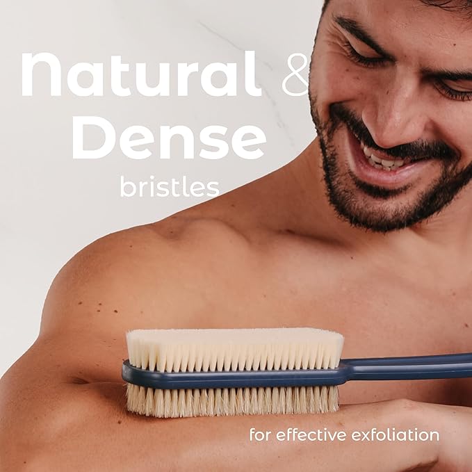 MainBasics Back Scrubber for Shower – Long Handle Dual-Sided Brush for Body Wash & Scrubbing with Exfoliating & Soft Bristles (Ultramarine, Plastic)