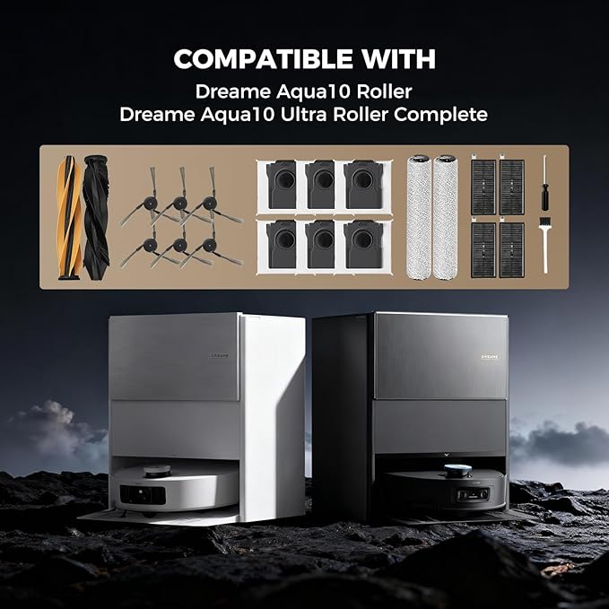 Yivy Aqua10 Roller Accessories Sets for Dreame Aqua10 Roller/Aqua10 Ultra Roller Robot Vacuum Cleaner: 2 Main Brushes 6 Dust Bags 6 Side Brushes 4 Filters 2 Roller Mops 1 Cleaning Brush 1 Screwdriver