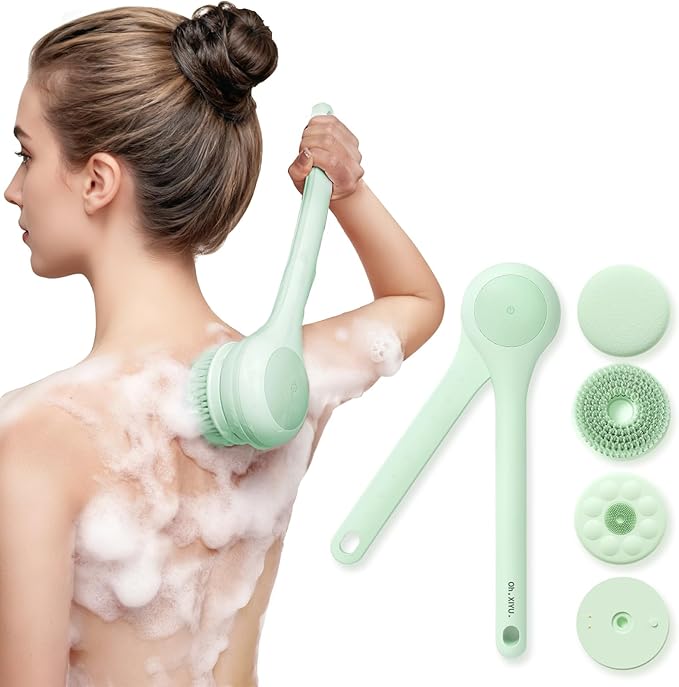 Oh,XIYU. Electric Body Brush Back Scrubber for Shower, Waterproof Long Dual Handle Power Body Scrubber with 3 Heads, Rechargeable Bath Brush & 2 Speeds, for Cleansing, Exfoliating and Massaging Skin