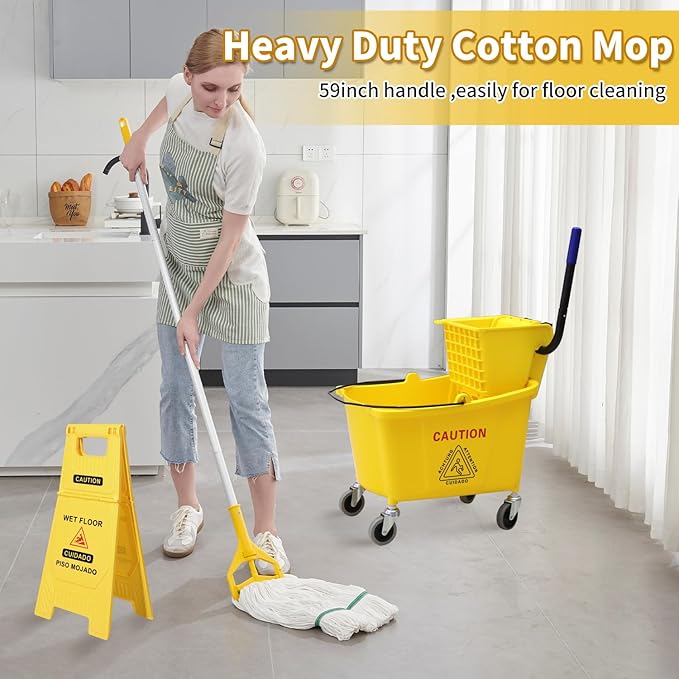 Side Press Wringer Combo Commercial Mop Bucket on Wheels, 35 Quart,Yellow, Including Wet Floor Caution Sign（24Inch） and One Industrail Mop