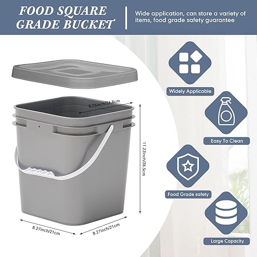 Mumufy 8 Pcs 3.5 Gallon Square Food Grade Bucket with Lid Square Bucket Pail with Plastic Handles for Storing Dry Food, Charcoal, Camping, Fishing (Gray)