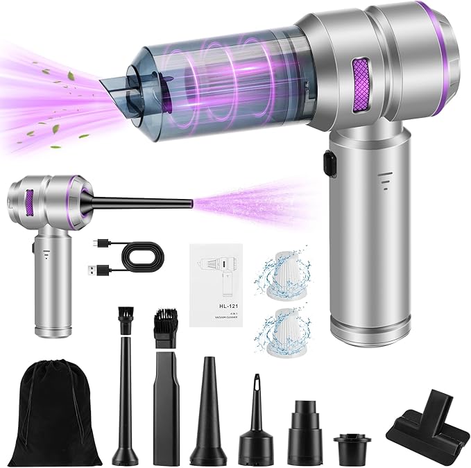 TianJQiS Handheld Car Vacuum Portable Cordless - 18000PA High Power with Brushless Motor, 4-in-1 Air Duster, Blower, Pump & Rechargeable Mini Vacuum for Car, Home, Office (Silver Grey+Purple)
