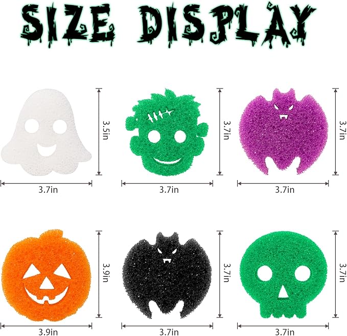 12 Pack Halloween Sponges Halloween Kitchen Decor Halloween Cleaning Sponges Cute Kitchen Scrub Sponges Skeleton Ghost Bat Pumpkin Sponge Non Scratch Temperature Sensitive Scrubbing. (Halloween)