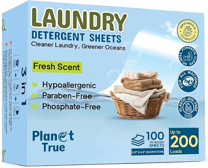 Eco-Friendly Laundry Detergent Sheets – 200 Loads (100 Sheets) Fresh Scent – Concentrated, Quick-Dissolve, Travel-Friendly & Hypoallergenic – No Phosphate, Bleach or Dyes
