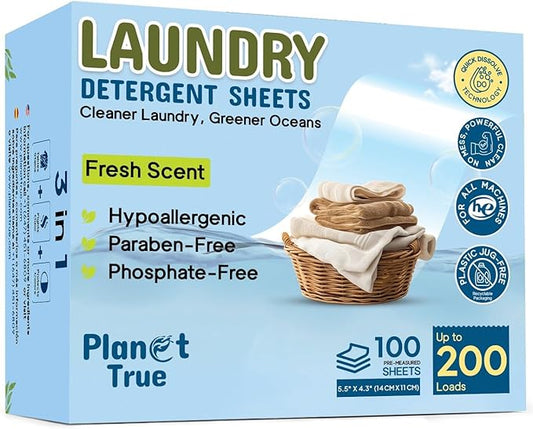 Eco-Friendly Laundry Detergent Sheets – 200 Loads (100 Sheets) Fresh Scent – Concentrated, Quick-Dissolve, Travel-Friendly & Hypoallergenic – No Phosphate, Bleach or Dyes
