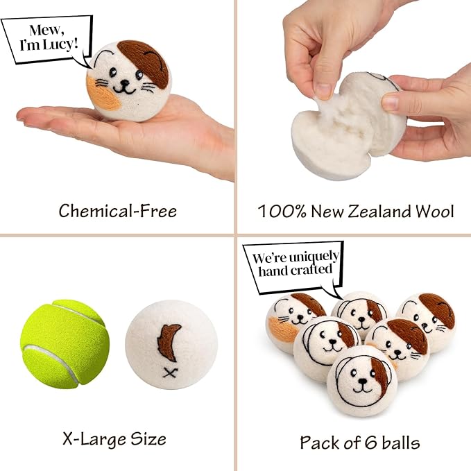 WoollyPals Wool Dryer Balls (6-Pack, XL Size)- 100% New Zealand Organic Wool - Sustainable & Eco-Friendly - Dry 1,000 Loads, Replaces Dryer Sheets, Reduces Static Cling, Reusable (Multi Colour)