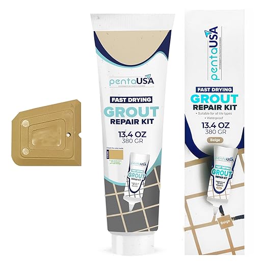 PentaUSA Tile Grout - Large Grout Filler Repairs Renews Tube, Fast Drying Grout Repair Kit, Odorless Formula - Grout Floater Included - 13.4oz / 380gr (Beige)