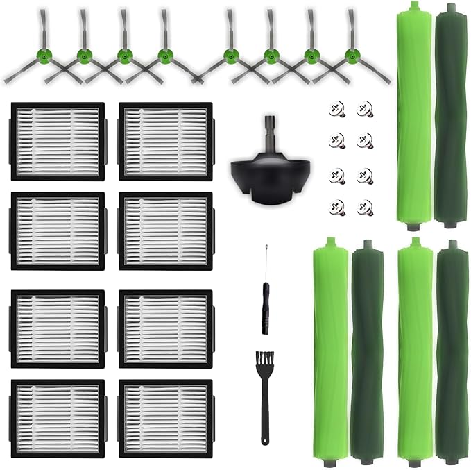 Replacement Parts accessories for Roomba i1+ i7 i7+ i3+ i4+ i6+ i8+/PlusJ7+ E5 E6 E7 I E& J Series Vacuum,3 set Roller Brushes,8 Filters, 8 Side Brushes,1 Caster Wheel (Plastic)