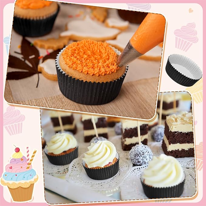 Uiifan Disposable Round Cupcake Liners Paper Baking Cups Wrappers Cupcake Paper Microwave Oven Safe Bakeware Mold for Snacks Cakes (Black,50 Pcs)