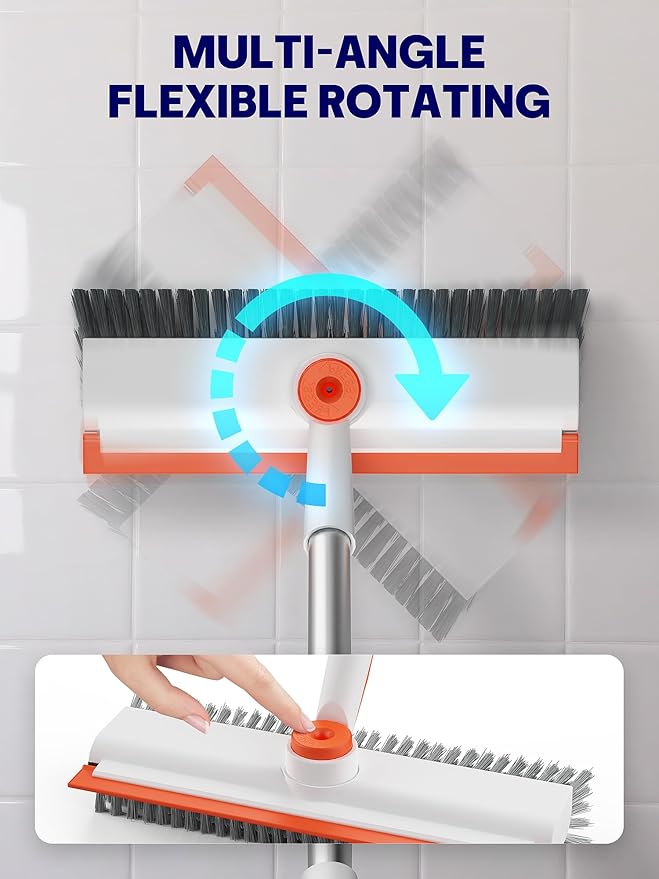 HelpX Floor Scrub Brush with Long Handle, 3 in 1 Scrape and Heavy-Duty Stiff Bristle Floor Scrubber Brush with Squeegee and Tweezer for Cleaning Tile Wall Deck (Orange and White)