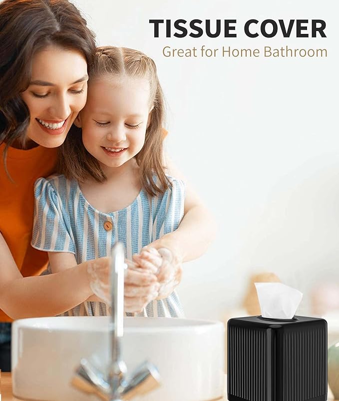 Livelab Square Plastic Tissue Box Holder with Base - Modern Cube Decorative Tissue Cover for Bathroom, Countertop, Living Room, Bedroom, Office - Black
