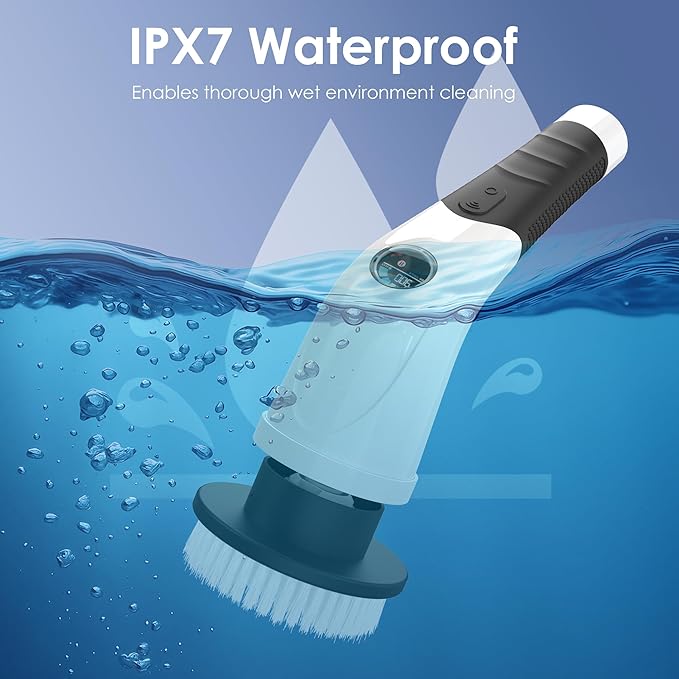 Cordless Electric Spin Scrubber, IPX7 Waterproof Rechargeable Power Cleaning Brush with 4500mAh Battery, 210min Runtime, 7 Brush Heads, 3 Adjustable Speeds, for Shower, Tub, Tile, Kitchen, Floor