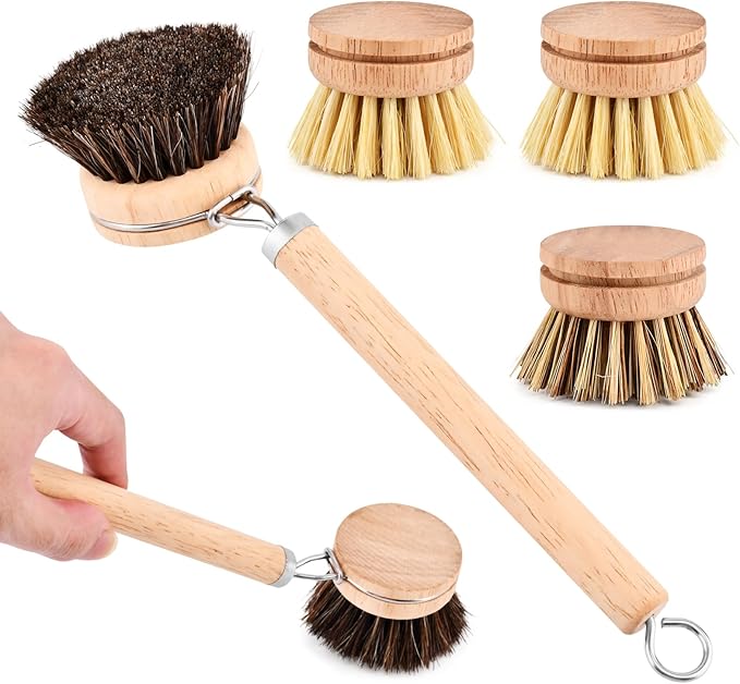 Bamboo Dish Brush with Handle - 3 Replacement Heads, Soft Bristles Kitchen Brush, Bamboo Dish Scrubber for Dishes Vegetable, Pots and Pans, Kitchen Utensils(Color:Wood)