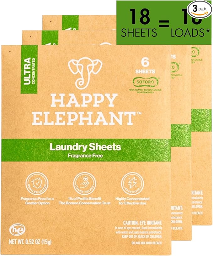 Happy Elephant Laundry Detergent Sheets, Fragrance Free, Natural Biodegradable Laundry Sheets, Plant Based, Tough on Stains, Gentle on Skin, Compatible with HE & Any Washing Machine, 6 Sheet, 3 Pack