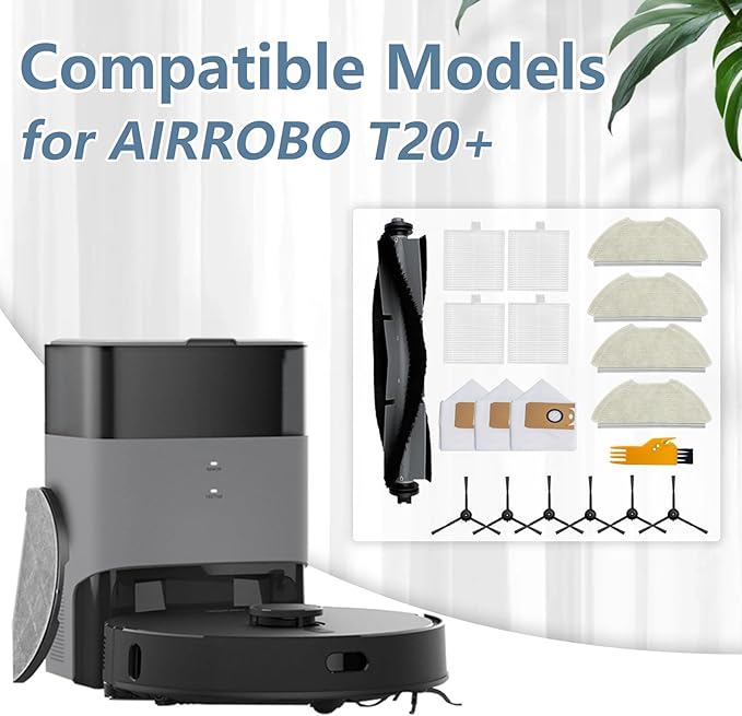 Frexusuent 19 Pcs Accessories for AIRROBO T20+ Robot Vacuum Cleaner, 1 Main Brush, 3 Dust Bags, 4 HEPA Filters, 4 Mop Pads, 6 Side Brushes, T20+ Replacement Kit