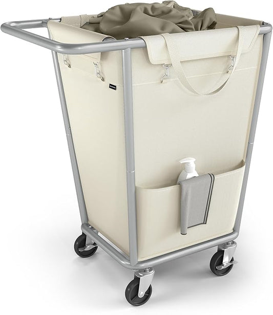 SONGMICS Laundry Basket with Wheels, 34.3 Gallons (130 L) Rolling Laundry Hamper with Removable Bag, Heavy-Duty Steel Frame with Handle, Cream White URLS008W01