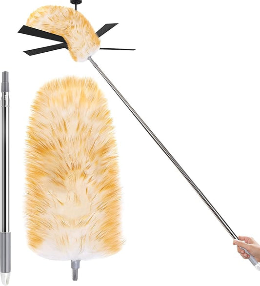 Leories Feathers Duster 97" Long Telescoping Lambswool Duster with Bendable Wool Head - Ultra-Thick Stainless Steel Extension Pole for Cleaning