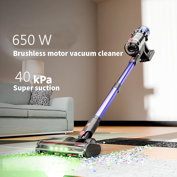 Cordless Vacuum Cleaner for Home 650W 40KPA 60 Mins-Actual Parameter,Self-Standing Cordless Vacuum with Charging Dock Station, LED Display, Upgraded Anti-Tangle Stick Vacuum for Pet Hair/Carpet/Floor