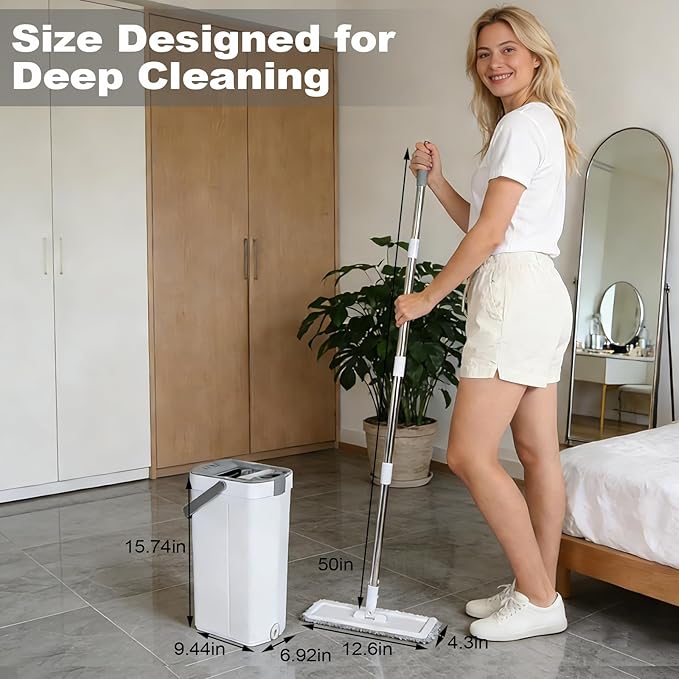 Yotock Mop and Bucket Set, 50" Flat Mop and Bucket System for Floor Cleaning, Separate Dirty and Clean Water, 4 Microfiber Pads Included, Wet and Dry Use, for Cleaning All Floor Types and Windows
