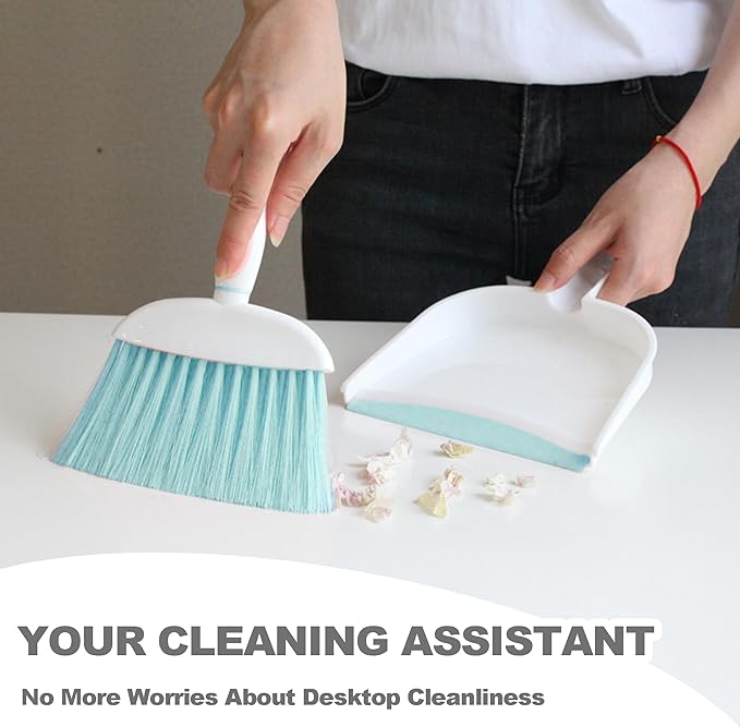 NBGYTECH Mini Broom and Dustpan Set Small Broom with Dustpan Combo Set Portable Cleaning Tools for Home Office RV Learning Camping (White+Blue)