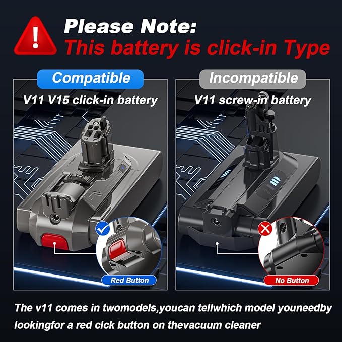 8000mAh V11 Battery Replacement Compatible with Dyson V15 Button Click in Installation Style Battery V11 Extra/Absolute/Animal/Outsize/V15/SV15/SV16 970425-01 Vacuum Cleaner (Not for Screw-in Models)