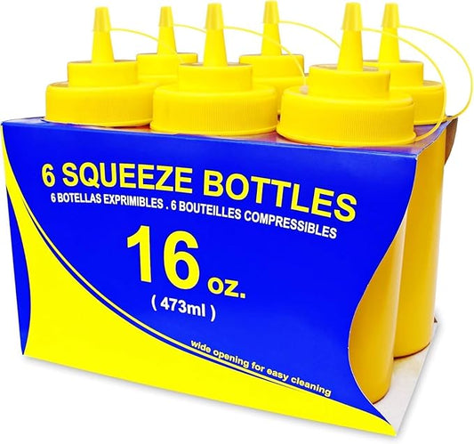 New Star Foodservice 26528 Plastic Squeeze Bottles with Cap and Scale, Wide Mouth, 16 oz, Yellow, Pack of 6