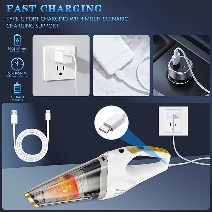 XGJUCE Handheld Vacuum Cordless,Car Vacuum Portable Cordless Rechargeable Hand Vacuum with LED Light, 6kpa Powerful Suction with Three Types of Suction Heads and Filters for Cat/Home/Office Cleaning