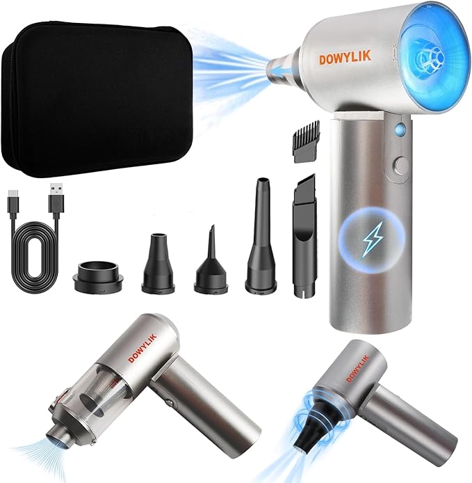 DOWYLIK Compressed Air Duster, 150,000RPM Compressed Air with LED, 2-in-1 Mini Vacuum, Electric Air Duster for PC Cleanning Kit, Canned Air Duster for Computers-Air Blower for Electronics with Case